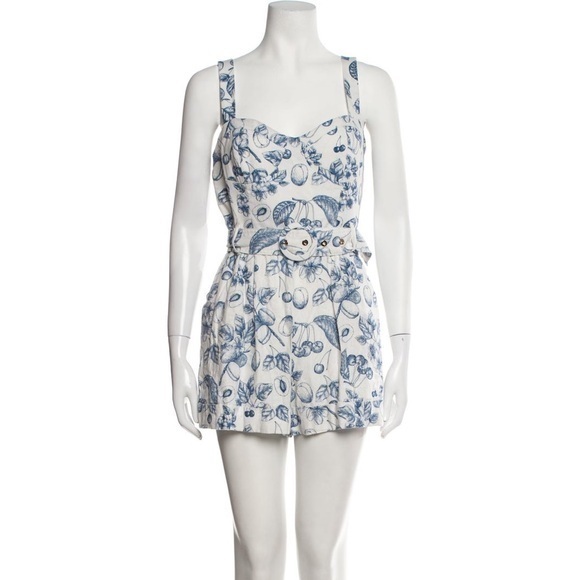 Christian LaCroix Floral Fruit Print Blue and White Belted Romper - Picture 1 of 16